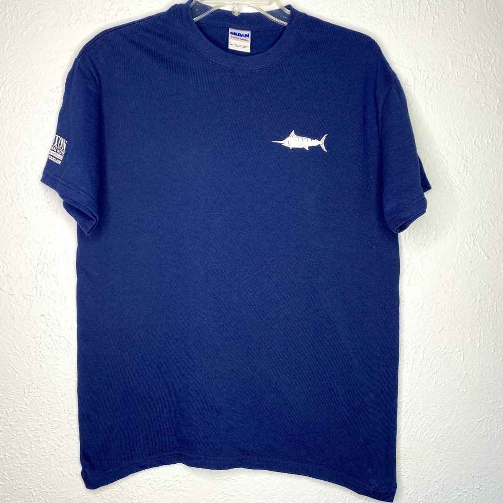 Melton Int. Tackle, men's size M, navy short t shirt with white sailfish.